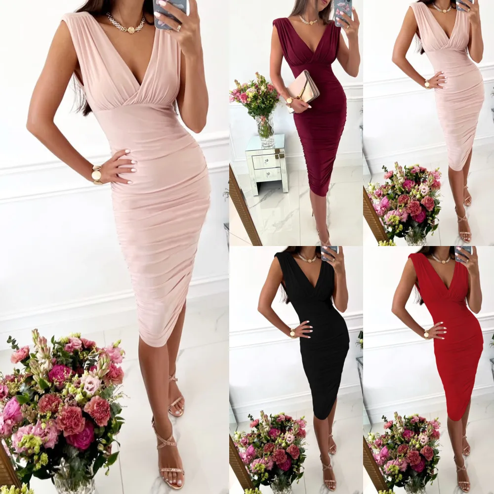 

2022 summer new solid color fashion sexy sleeveless V-neck waist waist bag hip dress women