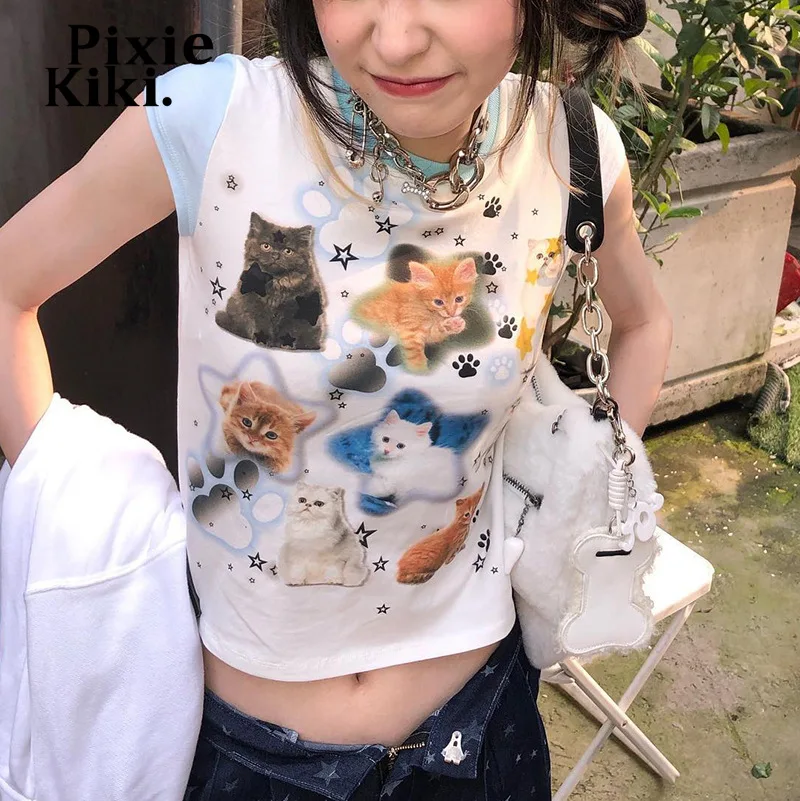 

Детская футболка PixieKiki с милым рисунком кота Y2k, уличная одежда, Женский винтажный короткий топ в стиле 90-х, мягкие футболки с графическим рис...