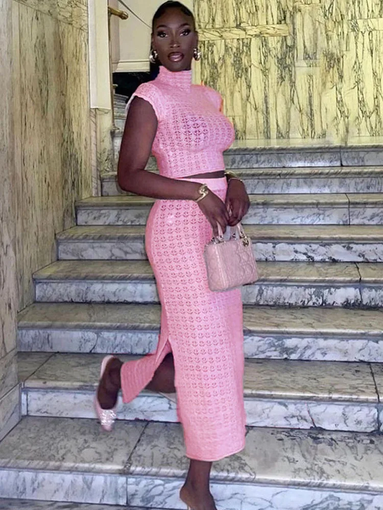 

Женский трикотажный комплект из двух предметов, привлекательный пуловер с высоким воротником и коротким рукавом и юбка с высокой талией, весна-осень 2023