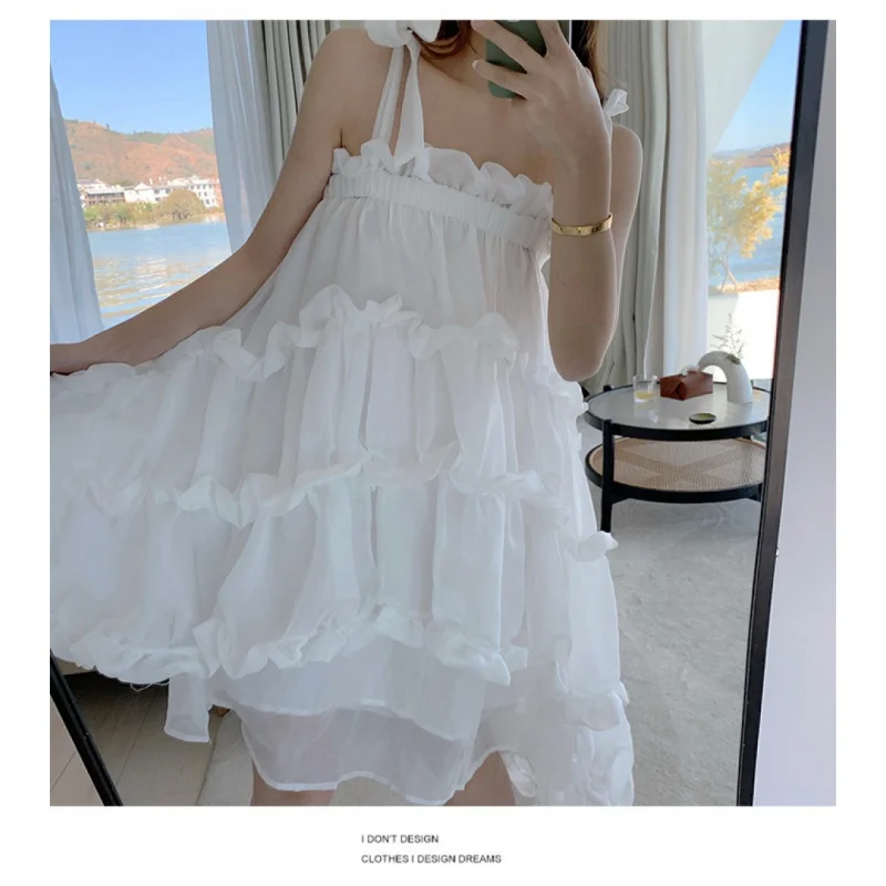 

Pure White Irregular Pleated Cake Skirt Fairy First Love Mesh Lace Skirt Summer Vacation Beach Mini Skirt