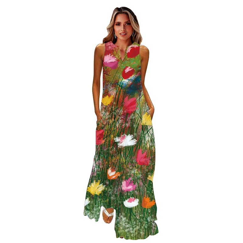 

Spring Summer Long Dress Beach Holiday Casual Sleeveless V Neck Dresses Party Elegant Flower Printed Maxi Dress Women