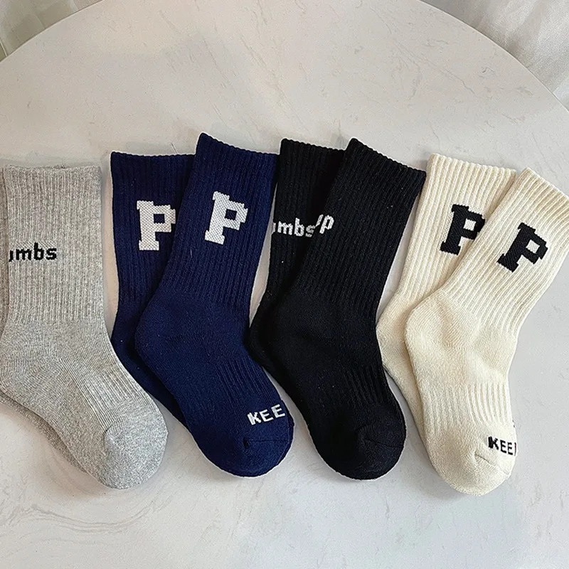 

Autumn Winter Thicken Terry Bottom Children Socks Kids Tube Socks Girls Boys Warm Sports Socks Simple Fresh Letters Cotton Socks
