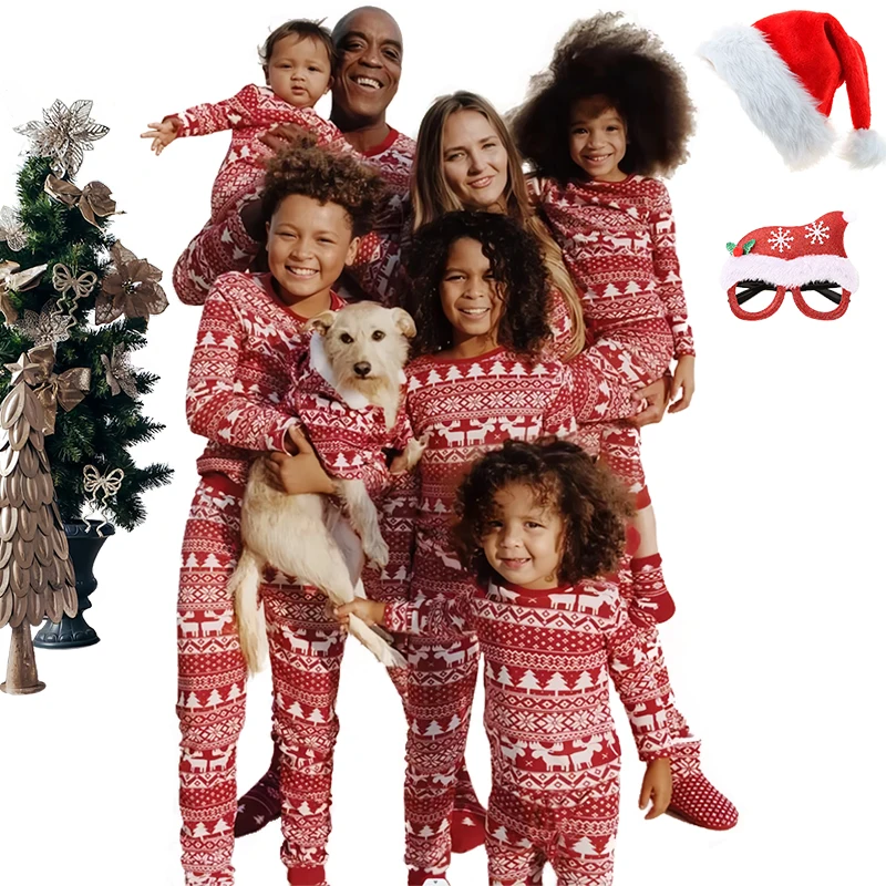 2024 New Year Cotton Retro Printed Christmas Pajama Sets for the Whole Family Matching Pajamas Home Clothes Xmas Loungewear Pjs