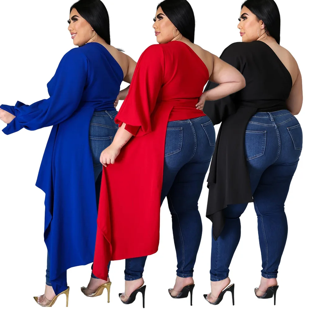 Plus Size Fashion Asymmetrical Top One Shoulder Puff Sleeve Tight Waist Lady Tees Casual Streetwear Matching Autumn Clothings