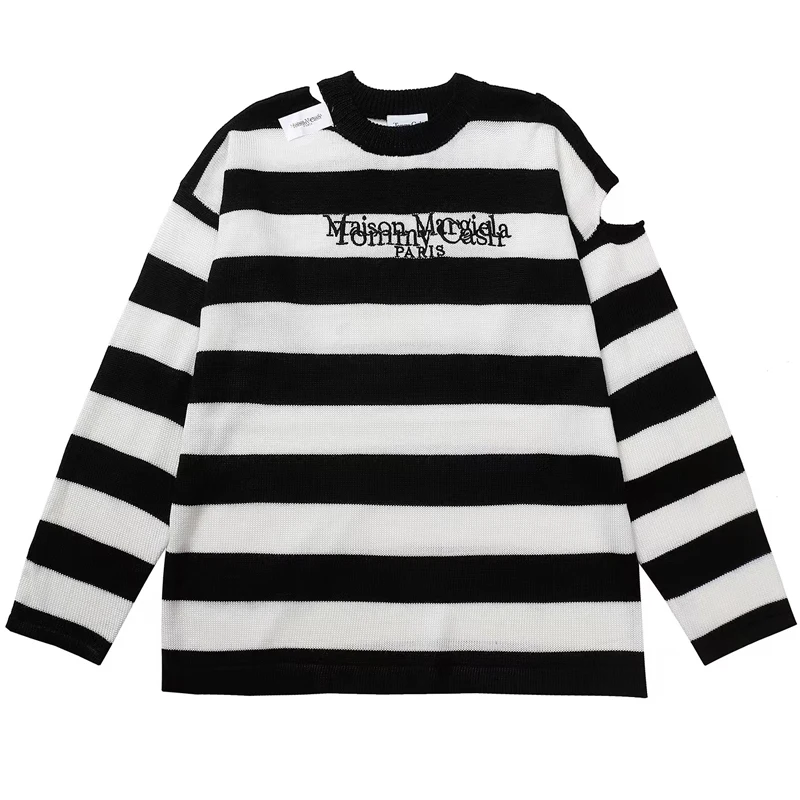 

Paris Mm6 Maison Margiela Sweaters Classic Stripe Ripped Knitwear Loose Casual Vintage Letter Embroidery Pullovers Men Clothing