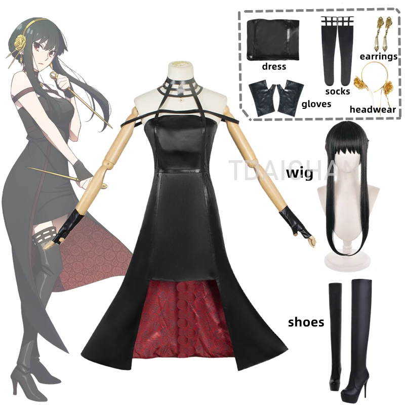 

Anime Spy X Family Yor Forger Cosplay Costume Black Dress Earring Women Headwear Outfit Halloween Carnival Party Clothes Shoes