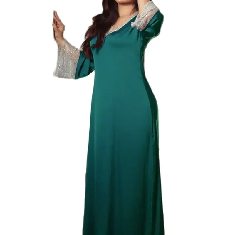 

Muslim Women Summer Dress Soft Satin Rhinestones Beaded Mesh Stitching Brief Solid Gulf Abayas Elegant Moroccan Jalabiya Purple