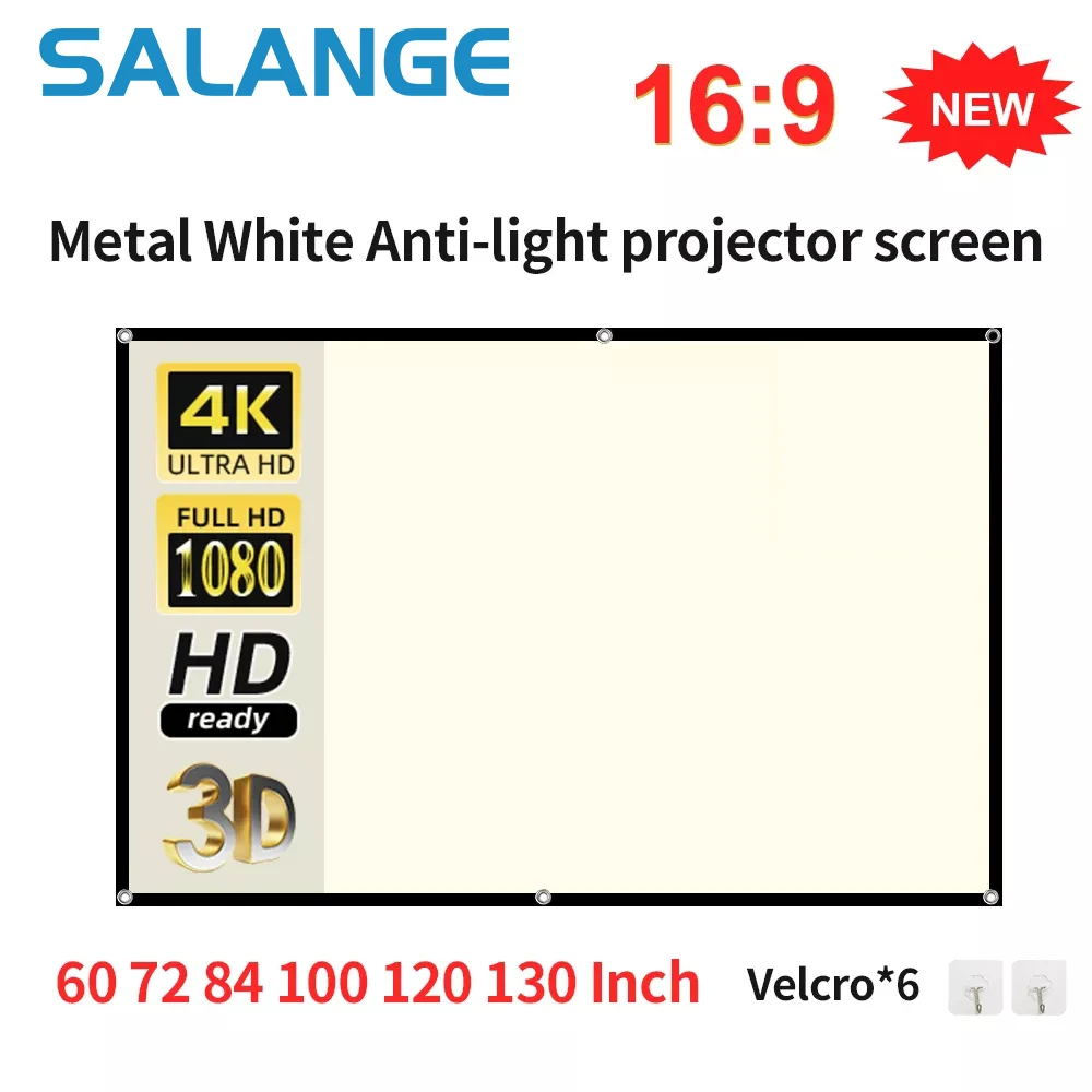 Salange Projector Screen 16:9 High Brightness Reflective Foldable White Grid Anti Light Curtain 100 120 Inch HD for Home Outdoor
