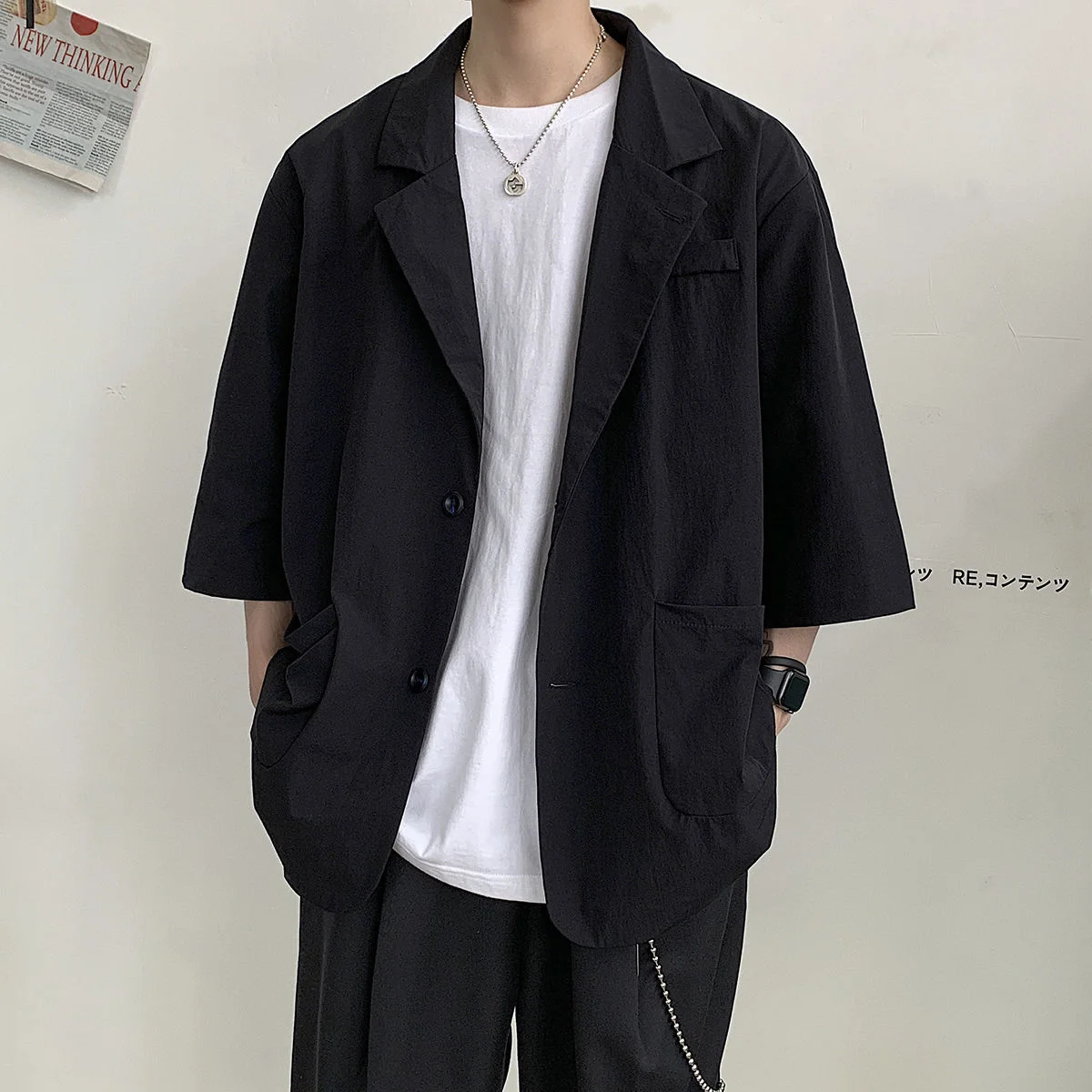 

Свободный Повседневный костюм с рукавом средней длины, шикарный однотонный модный мужской блейзер на весну и лето, модные пальто высокого к...