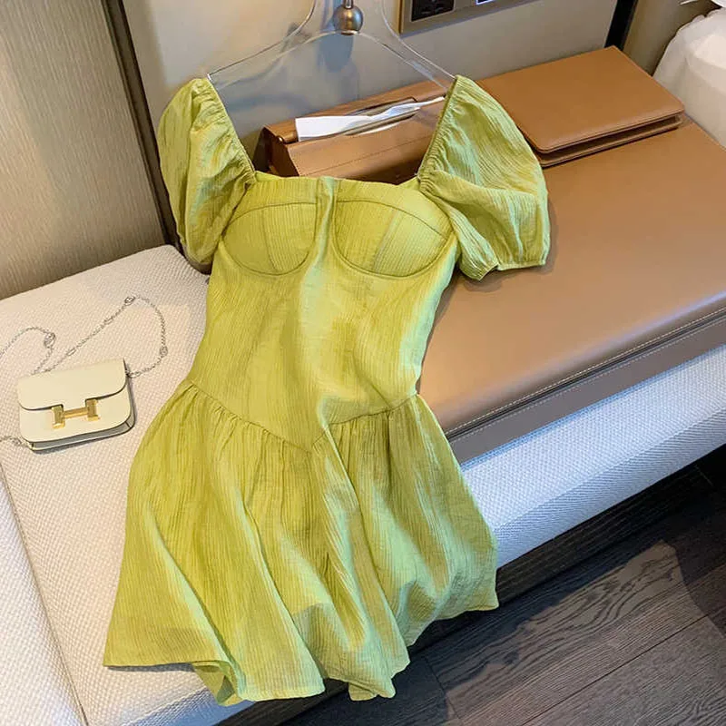 Зеленое платье принцессы с квадратным вырезом для девушек летнее модное