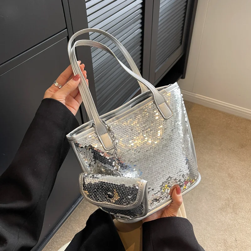 

2 Sets Fashion Tote Bag PU Leather Shoulder Bag for Women Luxury Sequined Travel Bag Designer Luxury Lady Underarm Bag Brand Sac