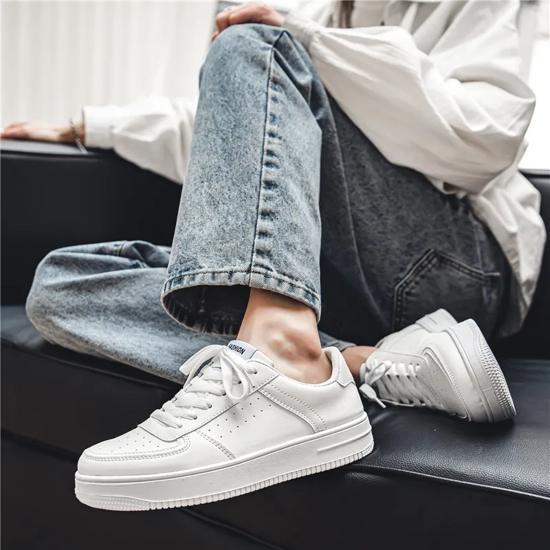 

2023 Spring Autumn Style Daily Causal White Shoes For Men's Teenagers Dress Flat Sneakers Leather Breathable Fashion Lace-Up
