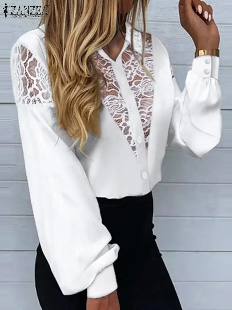 

ZANZEA 2022 Autumn Long Sleeve Tops Women Lace Splicing Blouse Fashion Sexy See-through Blusas Femme Button Up OL White Shirts