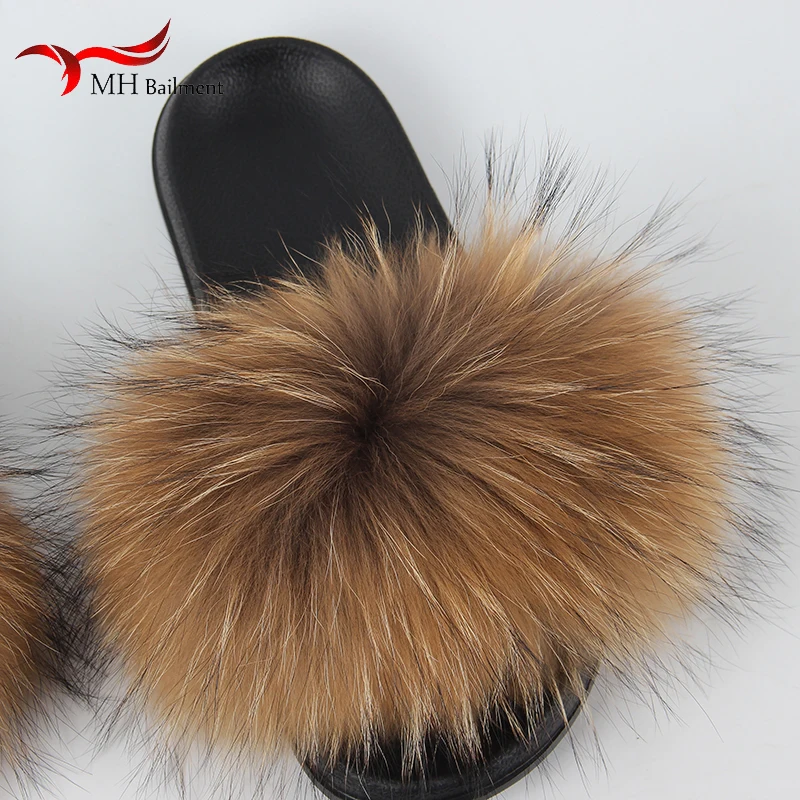 Real Raccoon Fur Slippers For Women 2023 Summer Fluffy Indoor House Fuzzy Flat Slides Outdoor Fashion Beach Sandals Flip Flops  images - 6