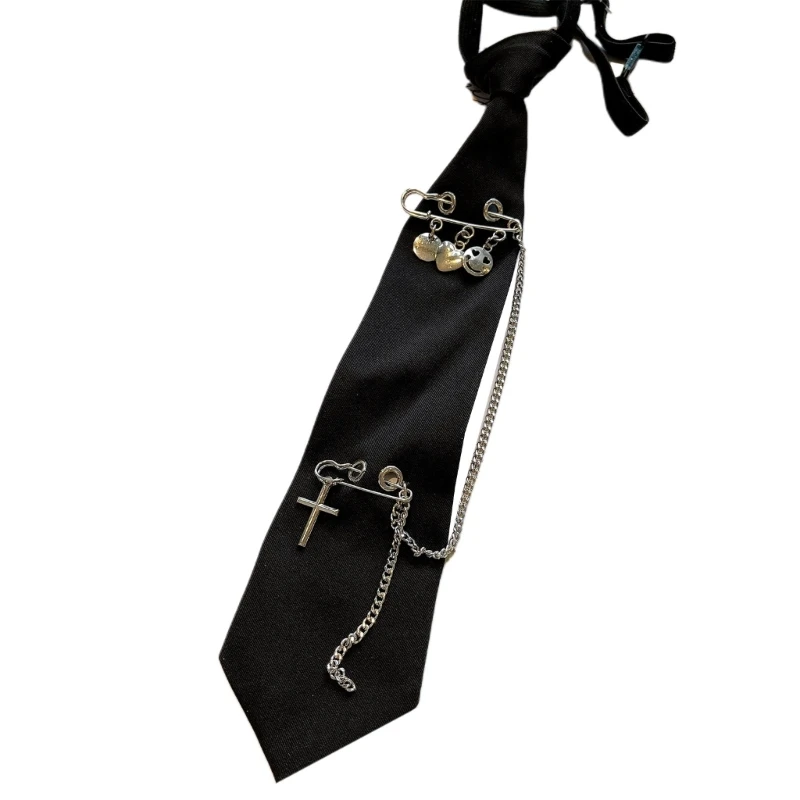 

Gothic Fashion Black Neck Tie with Metal Chain Crosses Tassel Pin Korean Style Pre-Tied Adjustable Necktie for Uniforms DropShip