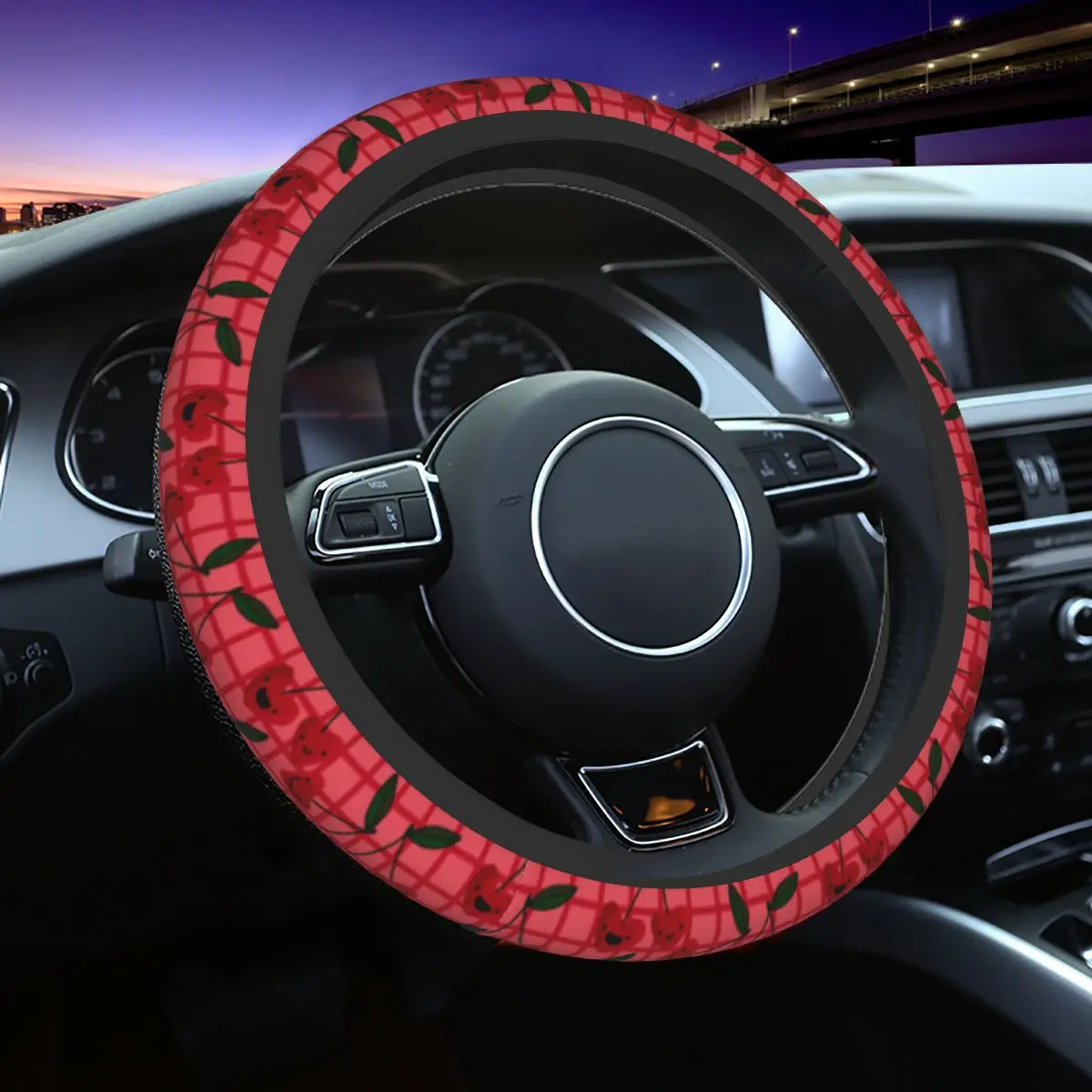 

38cm Car Steering Wheel Cover Cherry Fruit Plaid Universal Collage Braid On The Steering Wheel Cover Auto Automobile Accessory