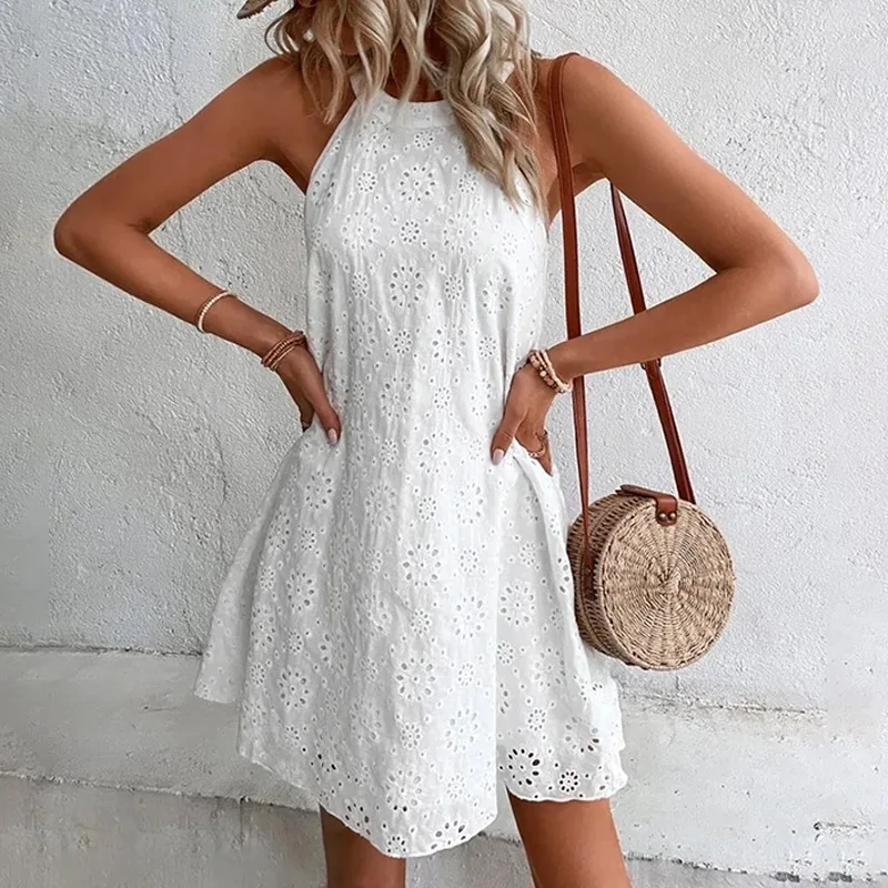 

Women Lace Hollow Out Flower Embroidery 2023 A-line Short Dress Casual Summer Vest Beach Embroidery Dress Commute Sundress