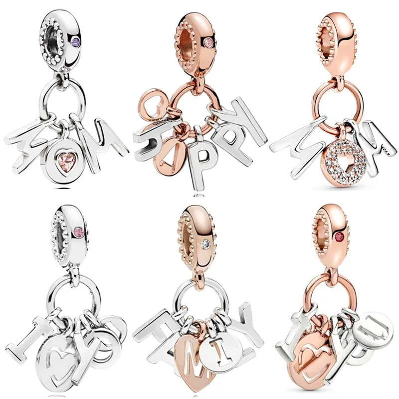 

Rose Gold Mum Love Heart I Love You Happy Letters Pendant Beads 925 Sterling Silver Charms Fit Pandora Bracelet DIY Jewelry