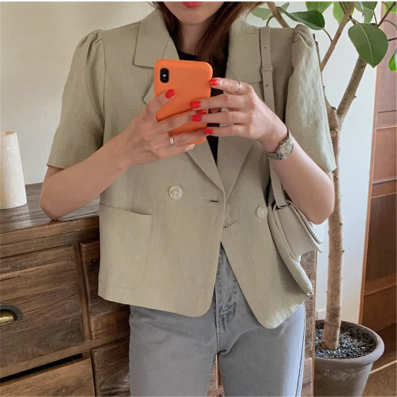 Korean Fashion Chic Puff Sleeve Blazer Jacket Short Sleeve Buttons Pockets Linen Wild Short Outerwear 2021 Autumn Women Clothes