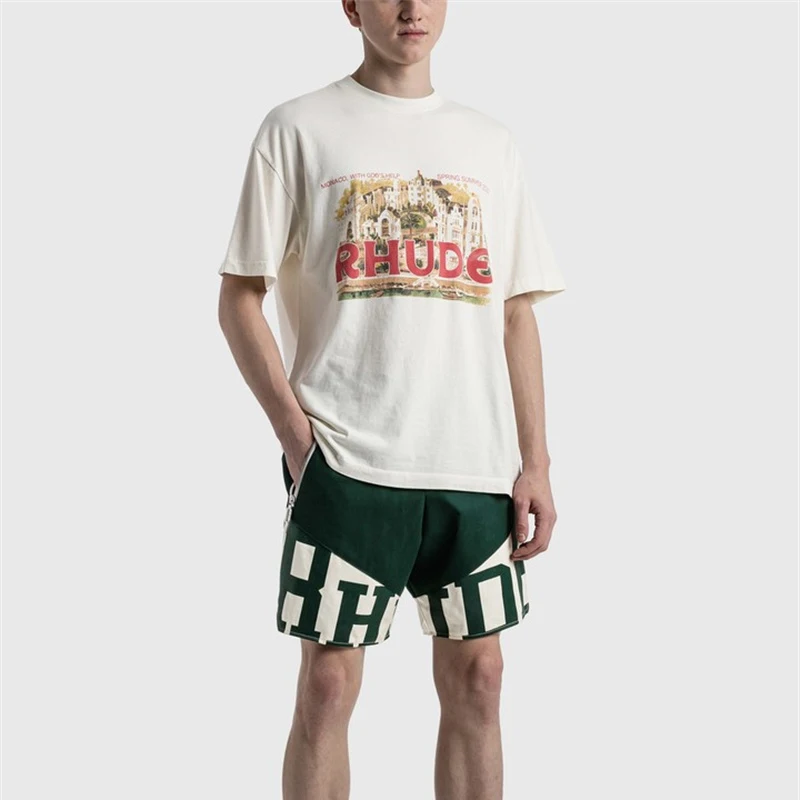 

22ss Rhude Shorts New Splicing Large Logo Shorts Men's And Women's Sports Casual Shorts