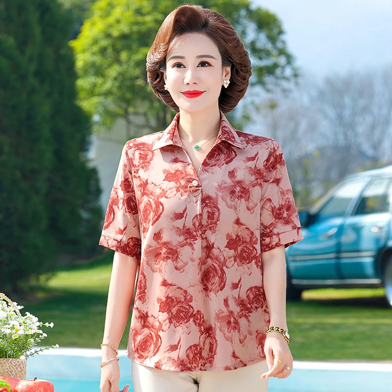 

Women's Vintage Print Pullove Short Sleeve T-Shirt, Middle-aged Mother Clothes, Female Tops, Summer, 2023