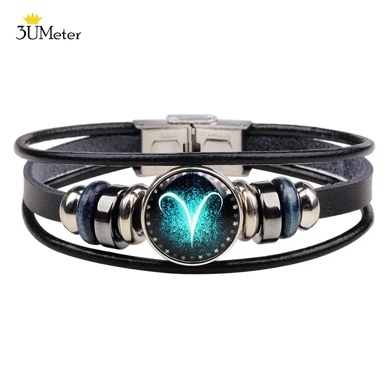 

3UMeter Classic 12 Constellation Bracelets Vintage Multilayer Weave Punk Leather Bracelet Handmade Braided Snap Button Bangle