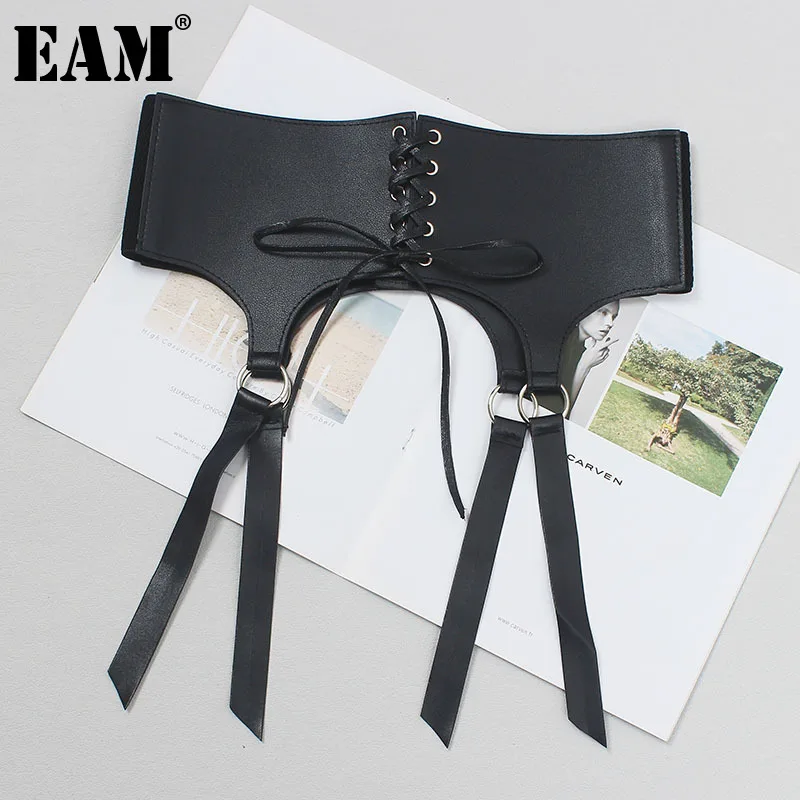 

[EAM] Pu Leather Black Bandage Holes Causal Wide Belt Personality Women New Fashion Tide All-match Spring Autumn 2023 1DF6797