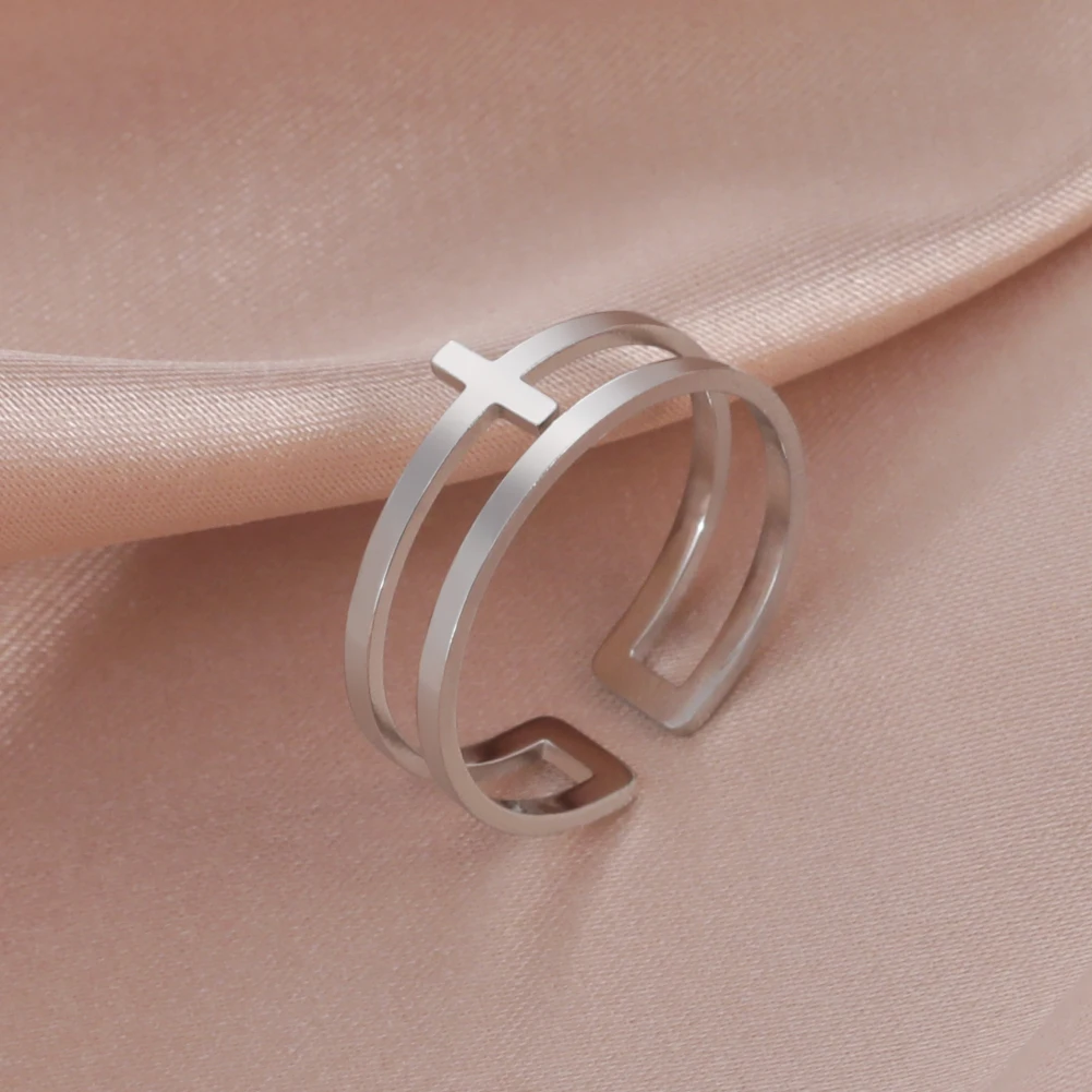 

Cross Single Line Adjustable Rings for Women Hollow Simple Stainless Steel Jewelry Birthday Gifts