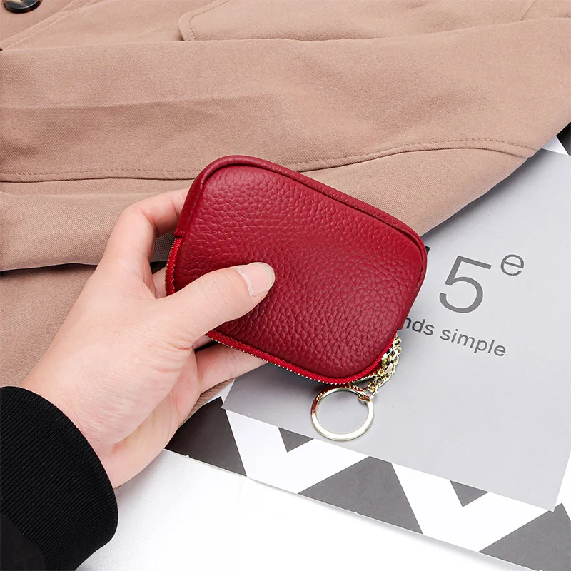

Pattern Classic Lychee Coin Purse Women Genuine Leather Short Wallets with Keychain Mini Clutch Female Card Holder Change Purses