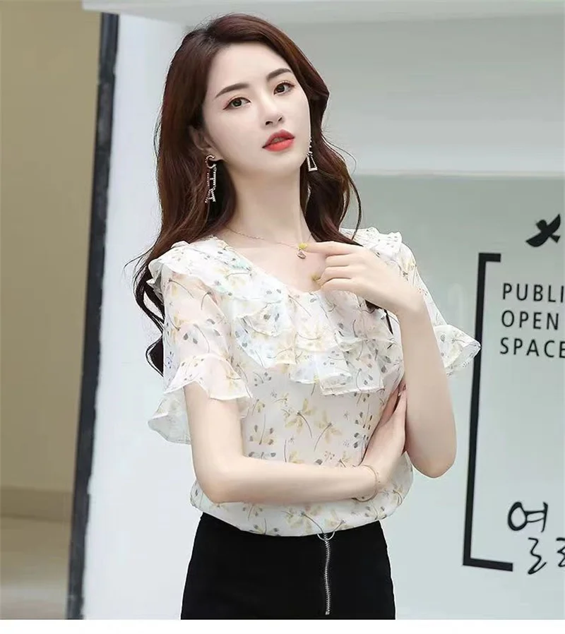 Женская двойная шифоновая рубашка Корейская версия Модный пуловер с оборками и