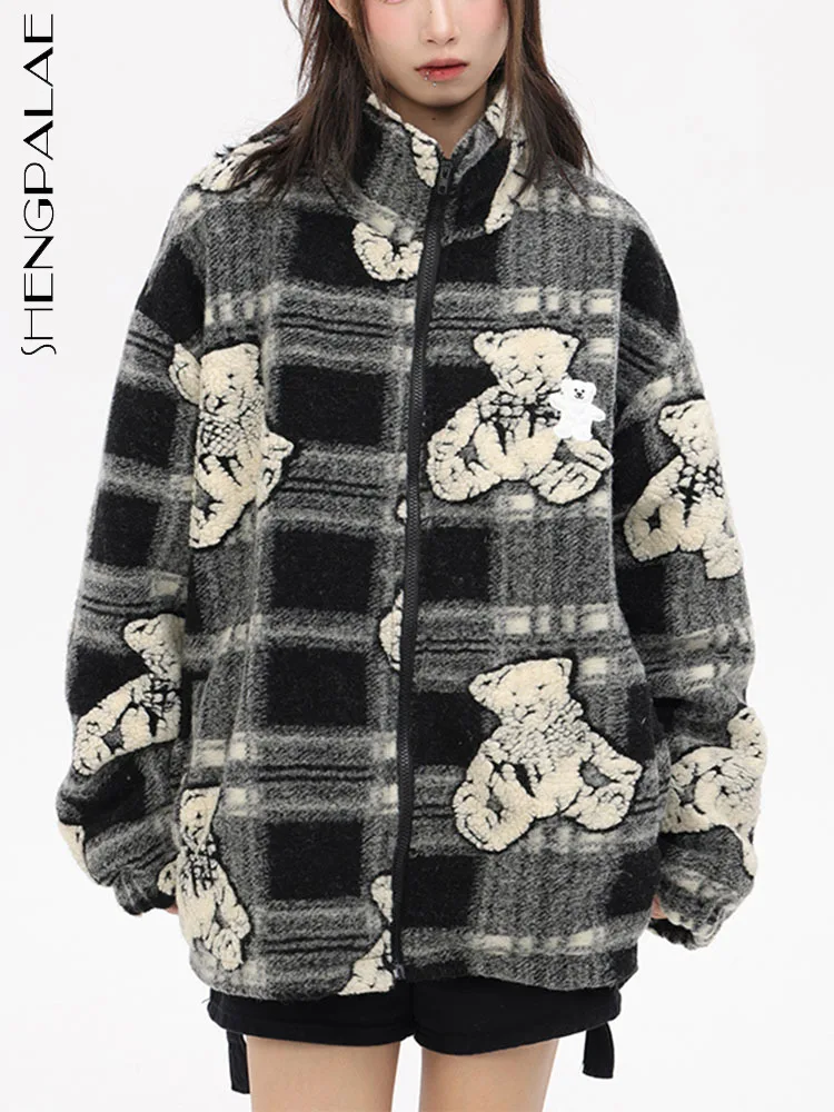 

SHENGPALAE Cute Hairy Lambswool Jacket Cartoon Pattern Turtleneck Zipper Thick Coat Autumn Winter 2023 New Y2k Clothes 5R4609