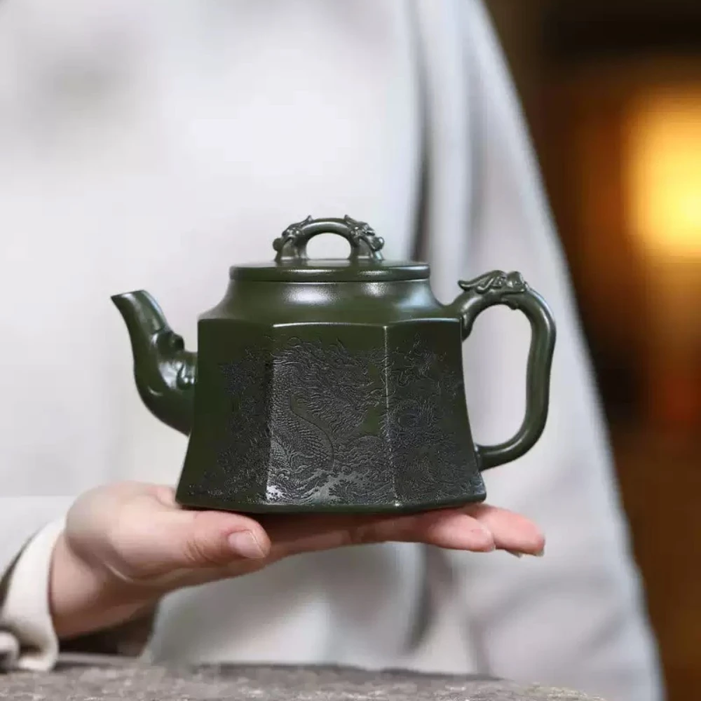 Фото Чайник из исинской необработанной зеленой глины Bafang Golden Bell, фиолетовый глиняный чайник для дома, высококачественный, большой емкости, для чайной церемонии Кунг-фу, подарочный набор №3