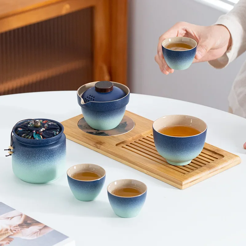 Дорожный чайный сервиз Kuaike одна кастрюля три чашки портативная крышка маленький