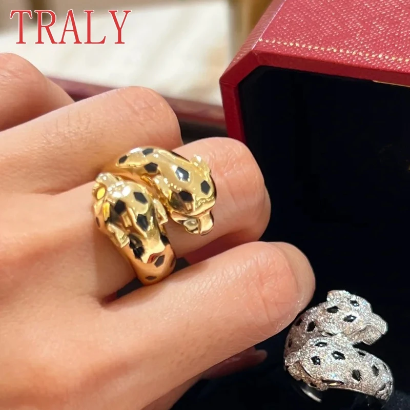 Женские кольца из стерлингового серебра 925 пробы с двойной головой леопарда