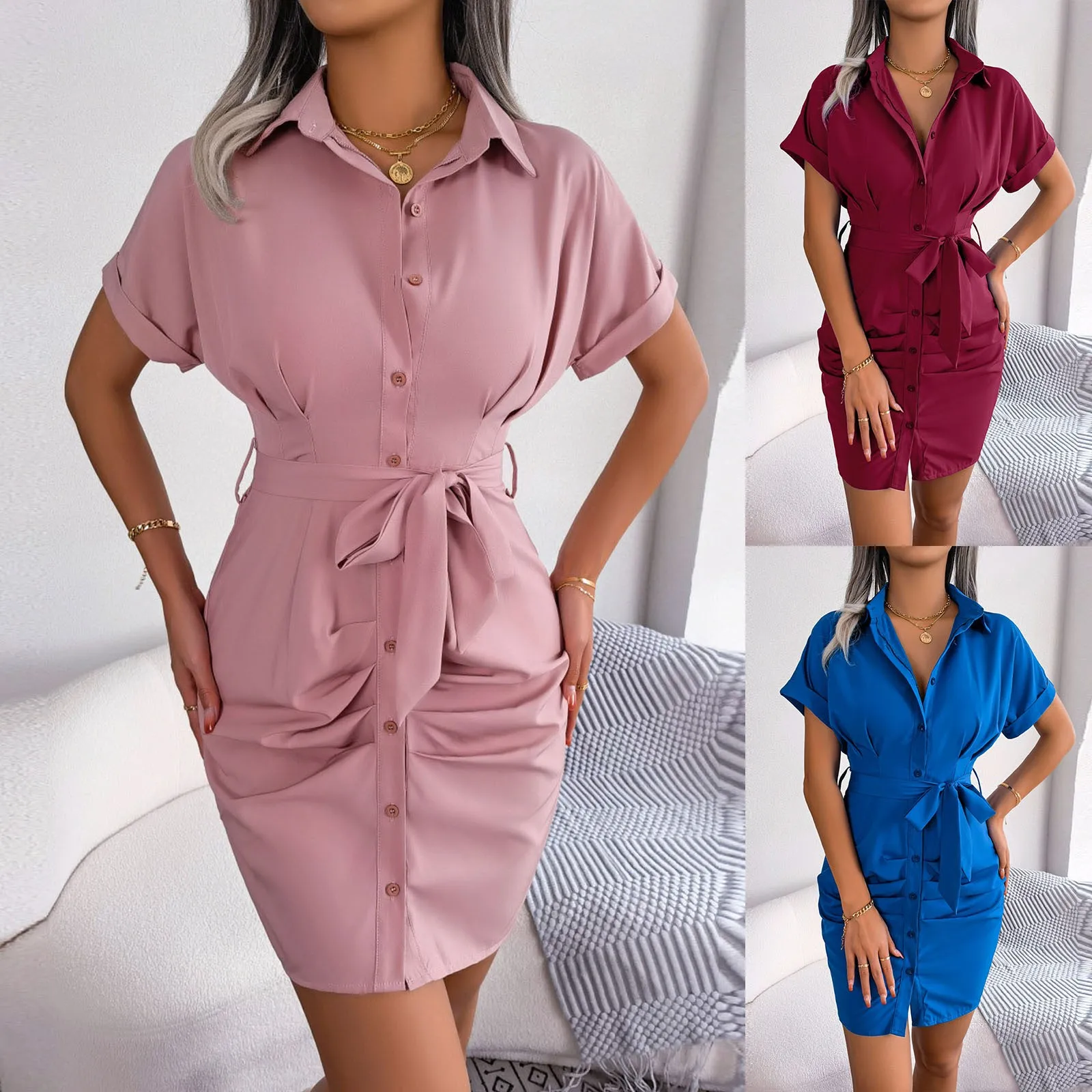 

Women Elegant Shirt Dress Summer Vintage Printed Button Ruched Bandage Dress Female Solid V Neck Beach Long Dresses Casual Robe