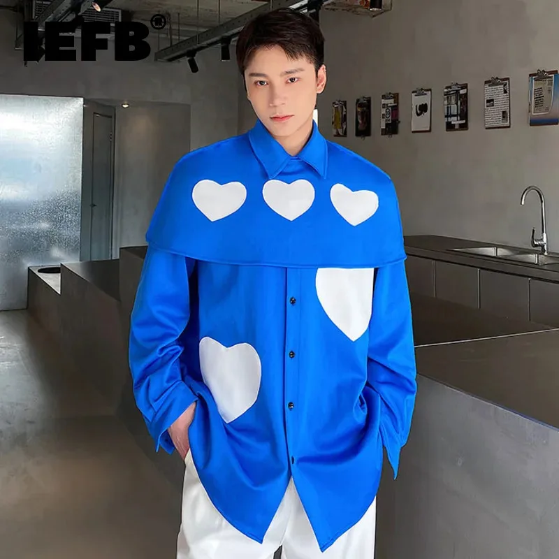 

Мужская рубашка IEFB в Корейском стиле Elgance, шаль, нишевый дизайн из двух предметов, с принтом в виде сердца, однобортная модель, осень 9A2242