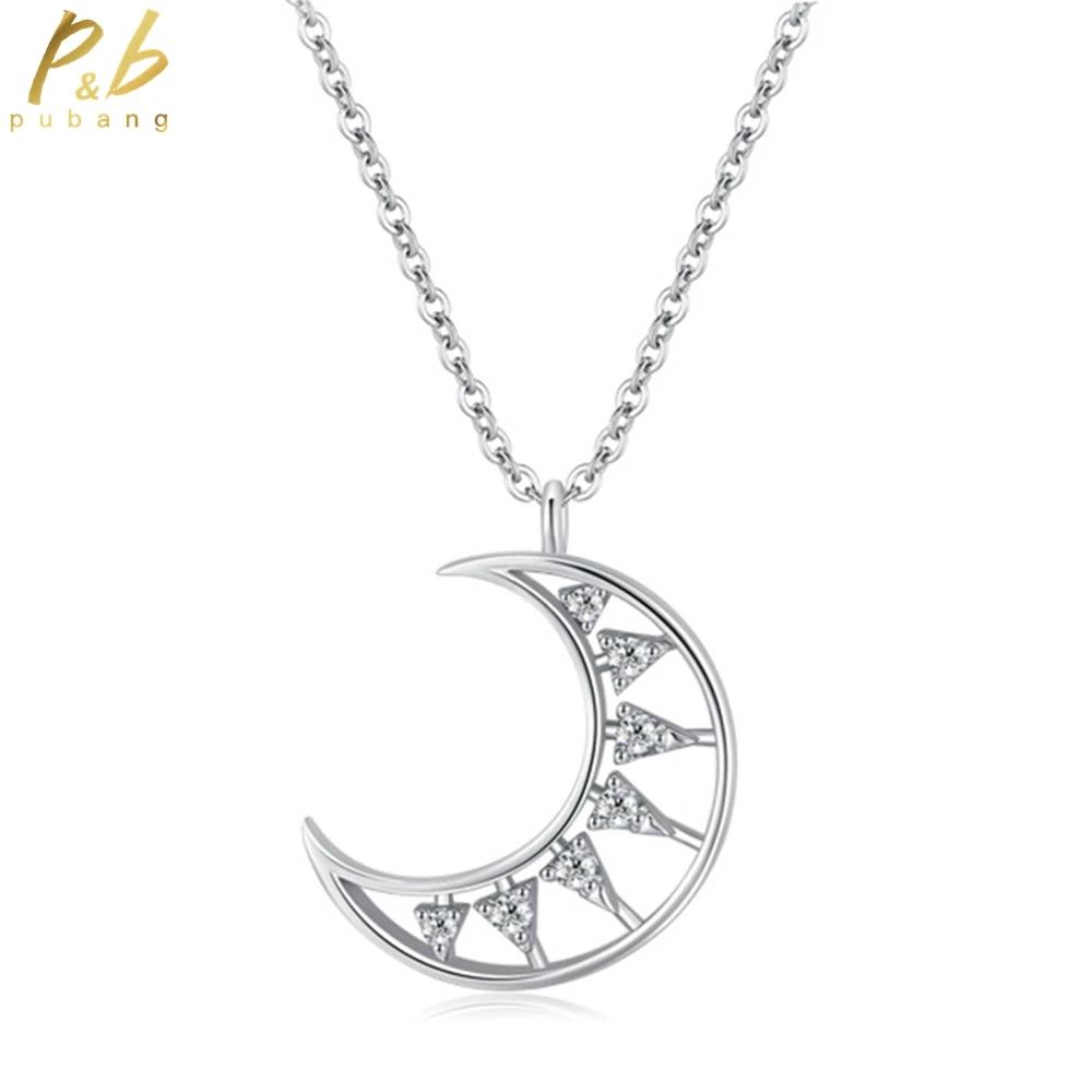 

PuBang Fine Jewelry Solid 925 Sterling Silver High Carbon Diamond Moon Pendant Necklace for Women Anniversary Gift Free Shipping