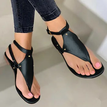 Black PU Leather Sandals for Women Summer Flat Clip Toe Gladiator Sandals Boho Rome Shoes Plus Size Bottom Beach Shoe Flip Flops 1