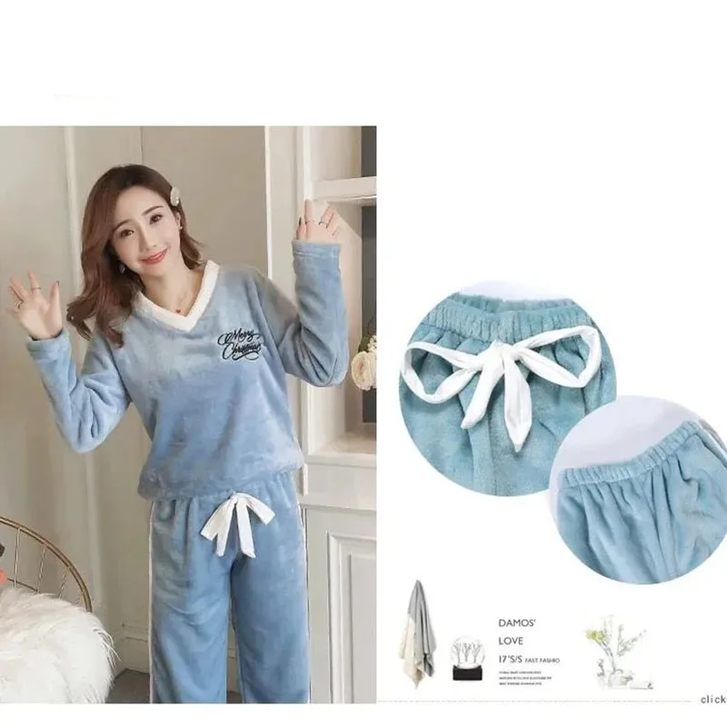 Winter Warm Thicken Flannel Pajamas Set Sweet Women Long Sleeve Cartoon Print Leisure Homewear Sleepwear Tops+Pants