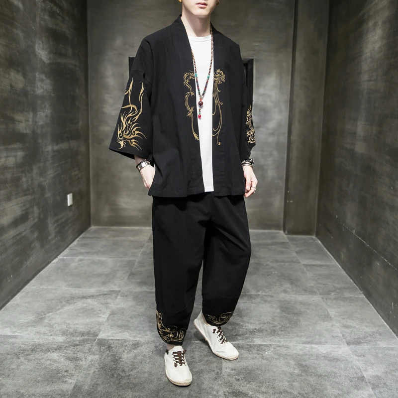 Kimono Daopao Robe Suit Summer Traditional Chinese Clothing Style Orient Tang Hanfu For Men Sets