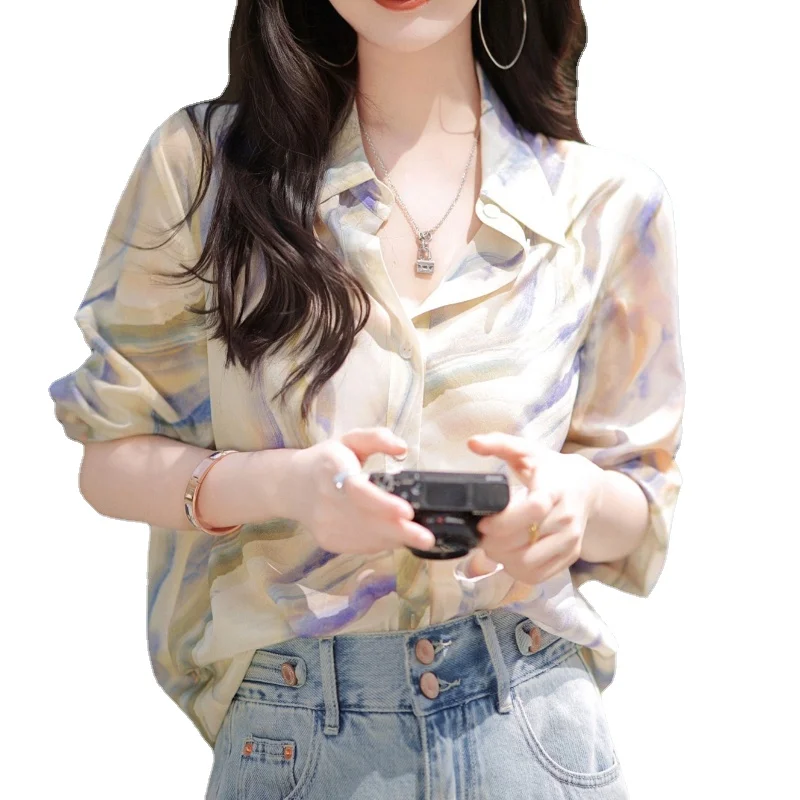 

Niche Printed Chemise Femme 2023 Spring Summer Age-reducing Beautiful Foreign Style Small Shirts Design Sense Gentle Wind Tops