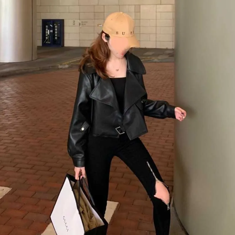 Women Short  Leather Coat Fall 2022 American Retro Loose Leather Cardigan Jacket Cool Girl Hip Pop Leather Jacket  Zippers  Y2K