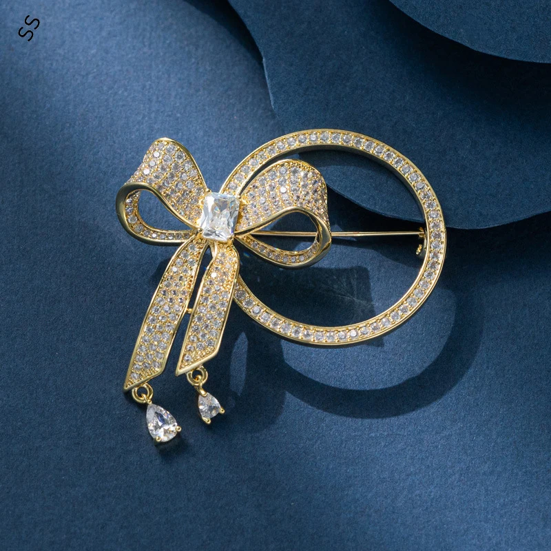 

European Style Full Zirconium Bow Brooch Temperament Circle Corsage Pin Clothing Performance Accessories Fashion Elegant