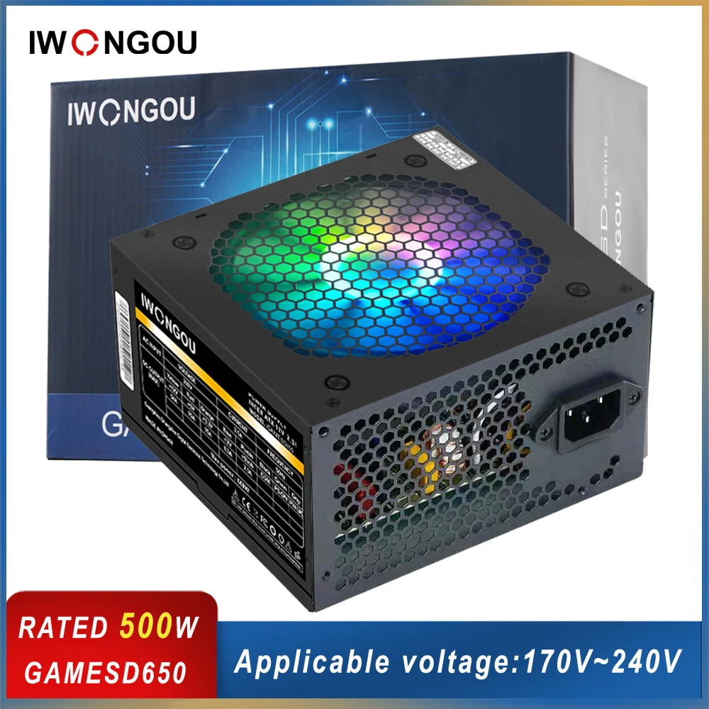 

IWONGOU Fonte 500w Power Supply For PC Gaming 24pin 12v Atx Active PFC Source With 120mm Led Fan GAMESD650 PSU