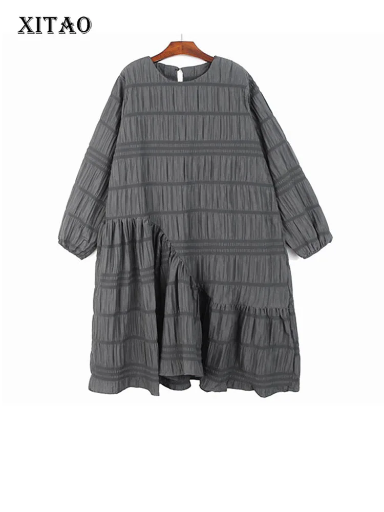 

XITAO Casual Loose Folds Dress Fashion Asymmetrical Splicing Hem 2022 Autumn New Simplicity Long Sleeve Women Dress WLD13157