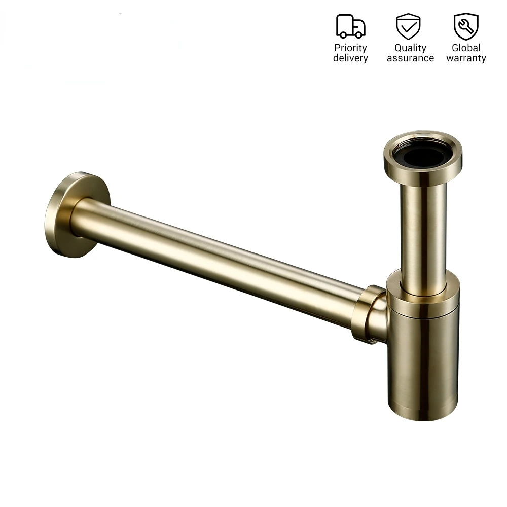 

Luxury Brushed Gold High Quality Brass Euro Basin Bottle Plumbing P-Trap Wash Pipe Waste Bathroom Sink Trap Modern Style Siphon