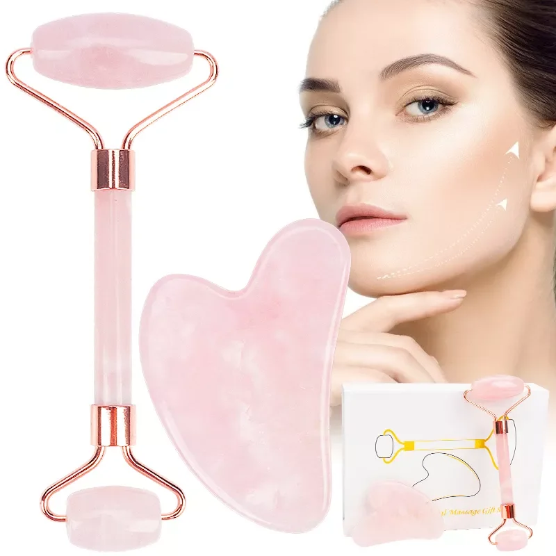

2 Pcs Pink Stone Jade Massagers For Face Body Gua Sha Scraper Beauty Facial Roller Set Natural Stone Skin Care Makeup Set Tools