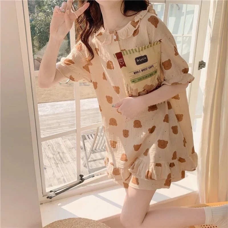 CAIYIER Sweet Cherry Bear Women Pajamas Set Summer Korean Female Sleepwear Short Sleeve Shorts Sleepwear Kawaii Nightwear 2pcs