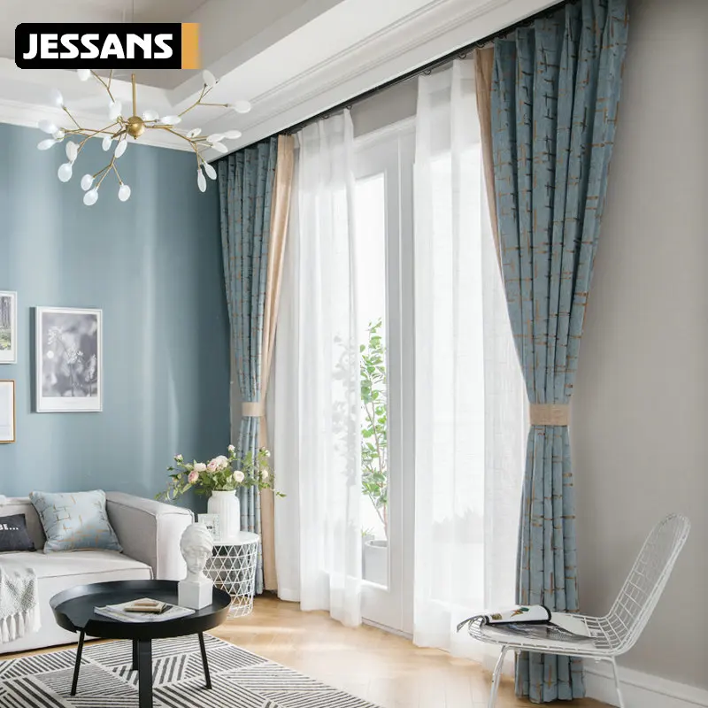 

Home Decoration Modern Geometric Window Curtains Chenille Jacquard 2 Colors Stitching Blackout Curtains for Living Room Bedroom