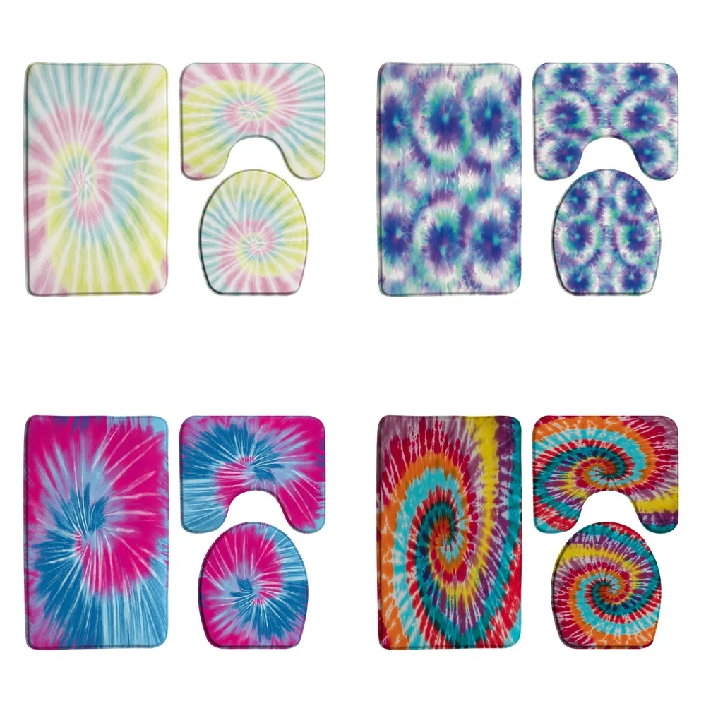 

3Pcs Tie Dye Flannel Bath Mat Sets Colorful Rainbow Spiral Psychedelic Doormat Anti-slip Carpet Bathroom Decor Rug Toilet Cover